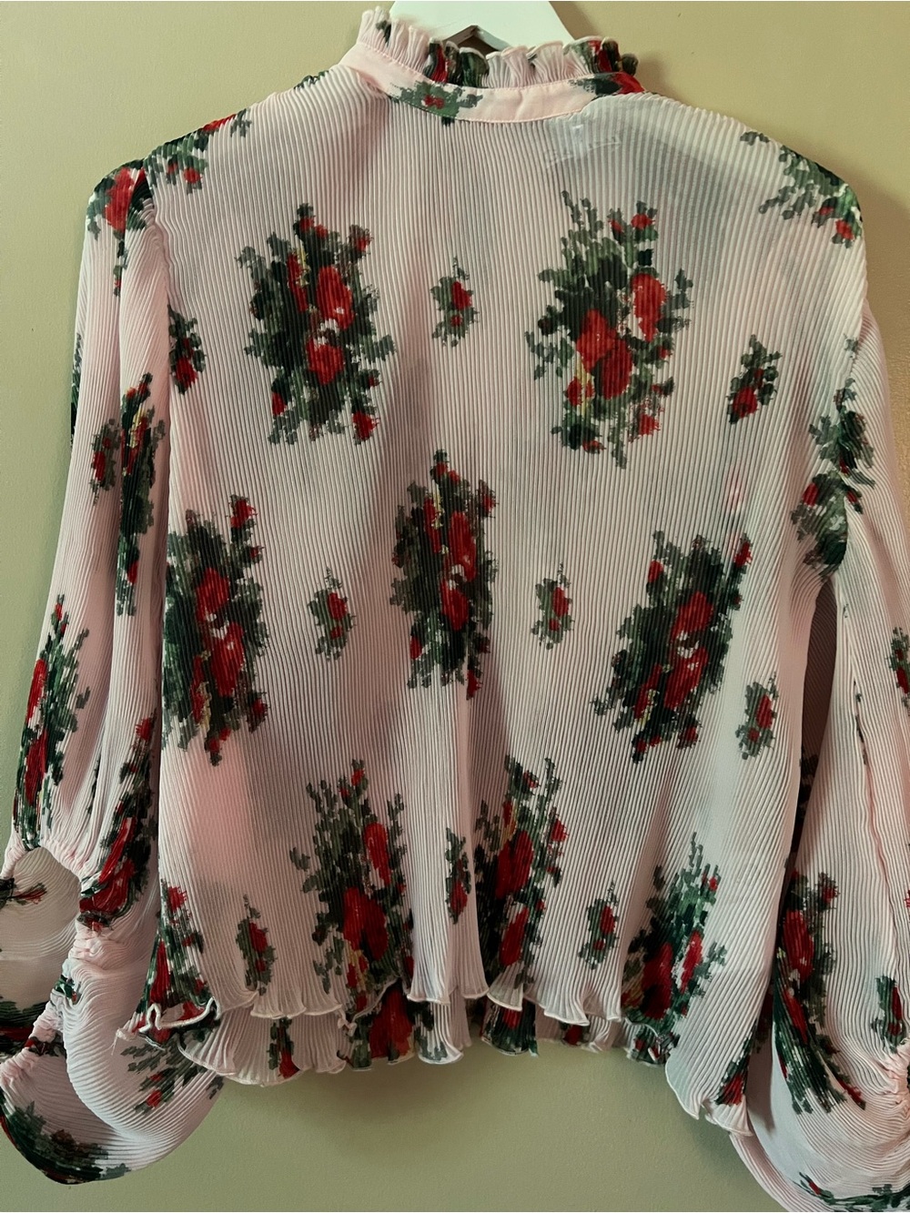 Ganni Pink Floral Ruffle Mock Neck feminine georgette bohemian balloon sleeve co - Picture 6 of 9